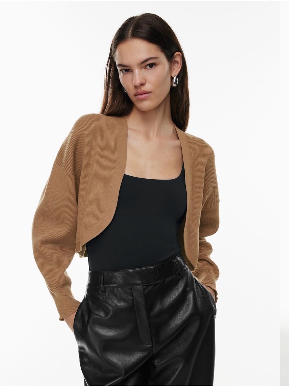 Aritzia Babaton Decision Camel Tan Shrug Cropped Ribbed Knit Cardigan Size XS